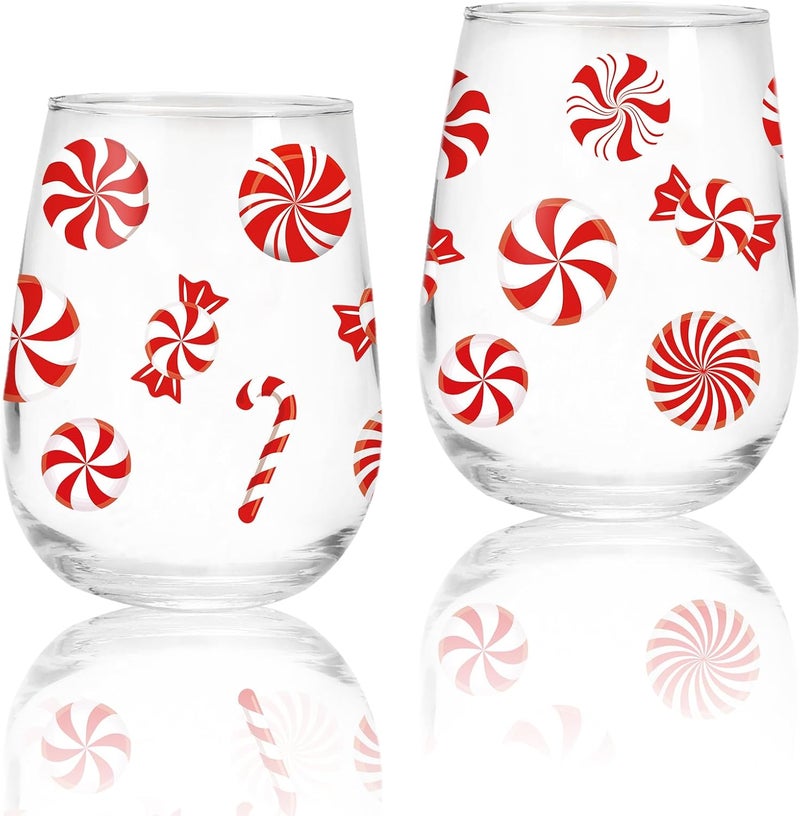 Whaline 2Pcs Christmas Stemless Wine Glasses 17oz Xmas Candy Theme Drinking Glasses Candy Cane Tumbler Cups for Party Supplies Gifts - Image 1