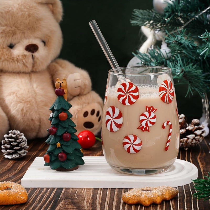 Whaline 2Pcs Christmas Stemless Wine Glasses 17oz Xmas Candy Theme Drinking Glasses Candy Cane Tumbler Cups for Party Supplies Gifts - Image 5