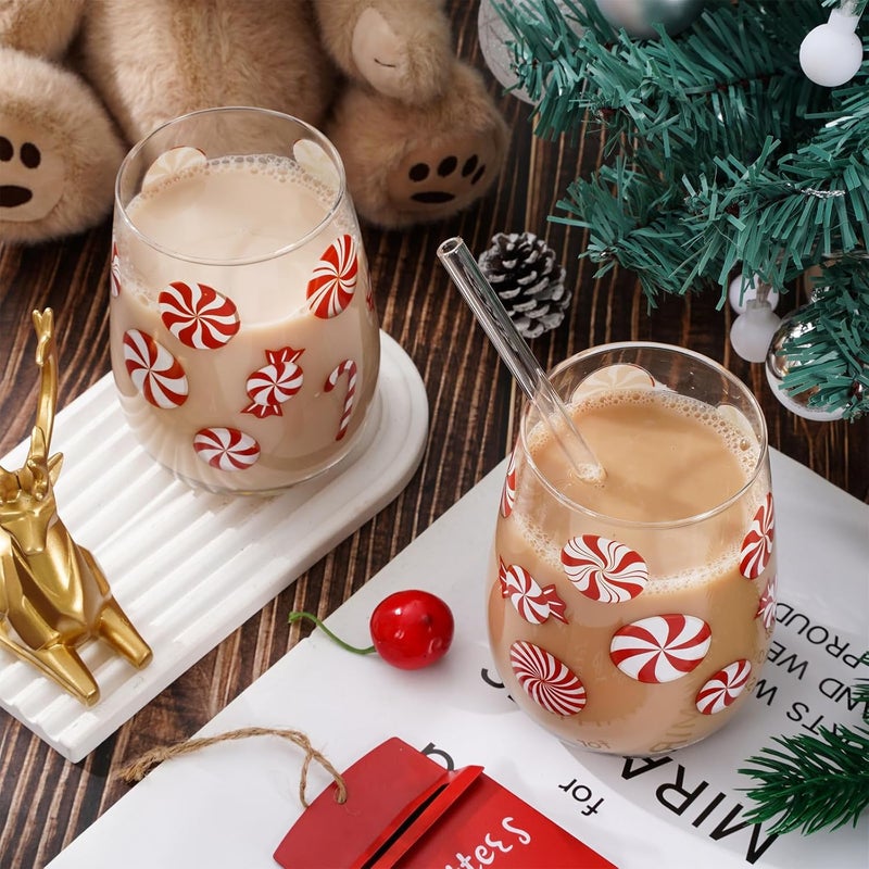 Whaline 2Pcs Christmas Stemless Wine Glasses 17oz Xmas Candy Theme Drinking Glasses Candy Cane Tumbler Cups for Party Supplies Gifts - Image 4