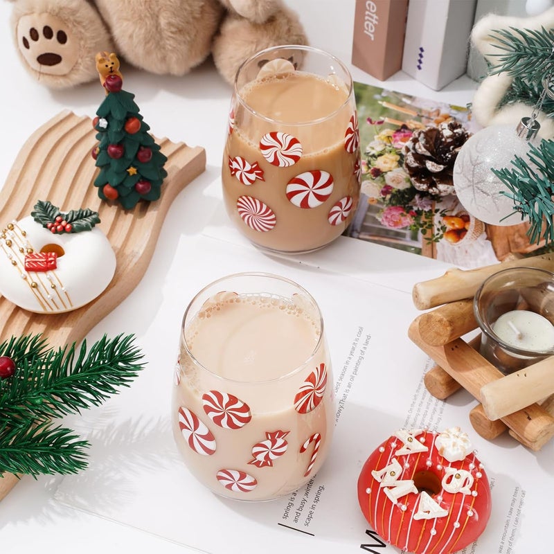 Whaline 2Pcs Christmas Stemless Wine Glasses 17oz Xmas Candy Theme Drinking Glasses Candy Cane Tumbler Cups for Party Supplies Gifts - Image 3