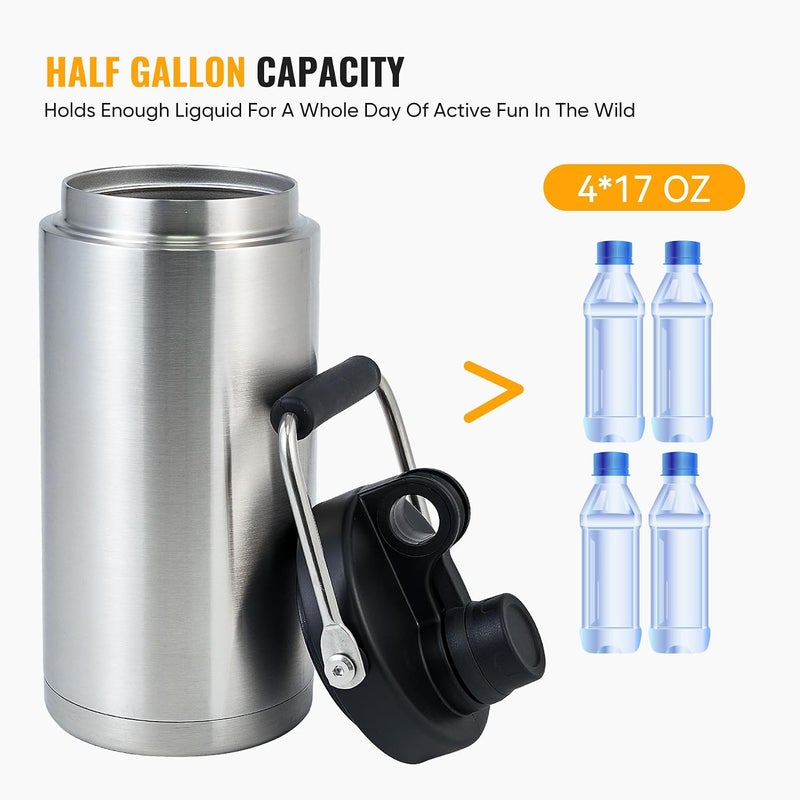 Kerilyn Half Gallon Water Bottle Insulated, 64oz Stainless Steel Water Jug With Handle and Wide Mouth Water Flask Sweat-Proof, Half Gallon Vacuum Double Walled Jug for Sports, Outdoors, Stainless - Image 2