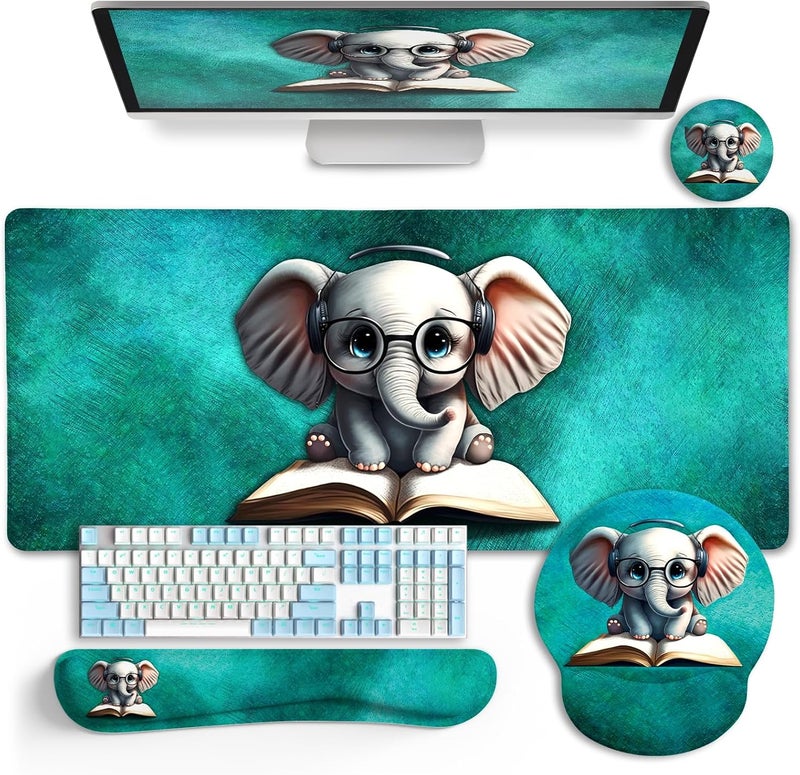 LIMKRIAN Desk Mat Pad, Large Gaming Mouse Pad with Wrist Rest Wrist Support, Ergonomic Mouse Pad Keyboard Mat Wrist Rest, Cup Coaster, Home Office Desk Accessories Decor Supplies, Cute Elephant - Image 1