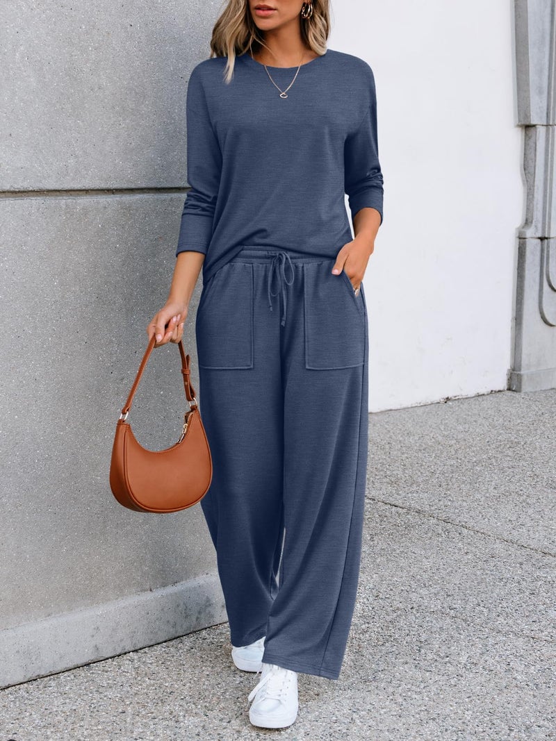 LILLUSORY Women's Sweatsuits 2 Piece Outfits Lounge Matching Sweat Sets Casual Sweatshirts and Wide Leg Sweatpants Tracksuit Sets 2026 GreyBlue M - Image 2