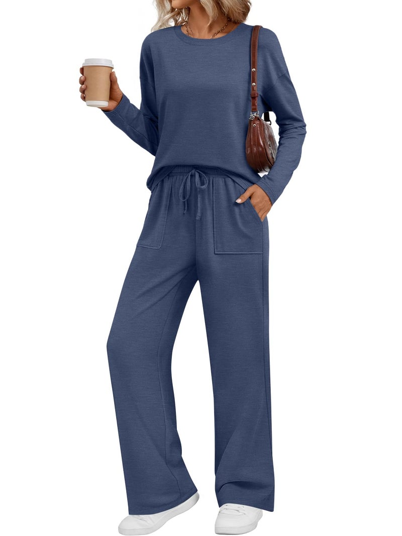 LILLUSORY Women's Sweatsuits 2 Piece Outfits Lounge Matching Sweat Sets Casual Sweatshirts and Wide Leg Sweatpants Tracksuit Sets 2026 GreyBlue M - Image 1