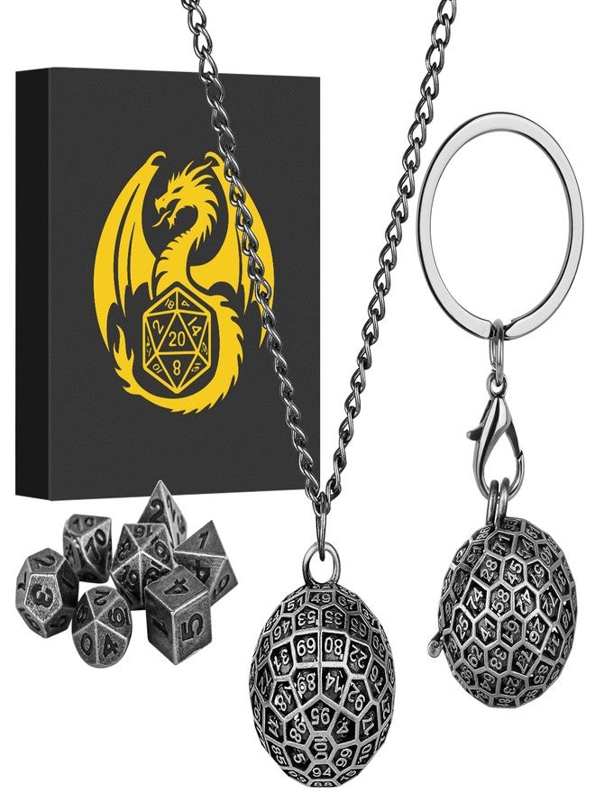 Keller & Weber Mini DND Dice Set with Spherical 100-Sides Metal Cage Portable Keychain Necklace, Tiny 7pcs Polyhedral D&D Dice Set, DND Gifts with Gift Box, D&D Accessories for RPG, Dark Silver - Image 1