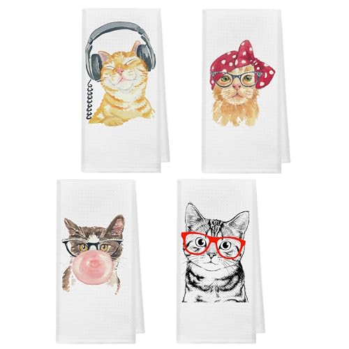 kunlisa Funny Cat Kitchen Hand Towels,Cat Mom Lover Lady Gifts for Women,Cute Hand Towels for Bathroom Kitchen Decor,16x24 Inch Set of 4 - Image 1
