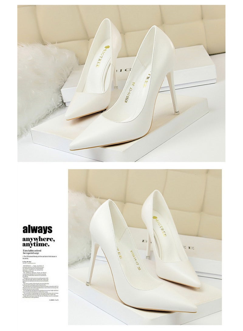BIGTREE حذاء نسائي أنيق بسيط بكعب رفيع 10.5 سم مع سطح لامع من الجلد اللامع وفم ضحل ورأس مدبب بكعب رفيع أبيض - Image 2