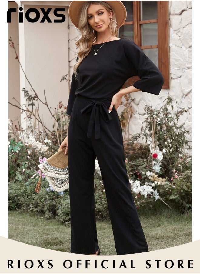 RIOXS Womens Casual Jumpsuit Outfit, 3/4 Long Sleeve Top And Loose Straight Leg Long Pants Outfits, Romper Set With Waist Belt, One Piece Jumpsuits For Party And Daily  - Image 3