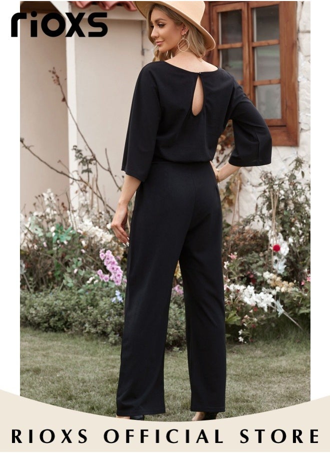 RIOXS Womens Casual Jumpsuit Outfit, 3/4 Long Sleeve Top And Loose Straight Leg Long Pants Outfits, Romper Set With Waist Belt, One Piece Jumpsuits For Party And Daily  - Image 4