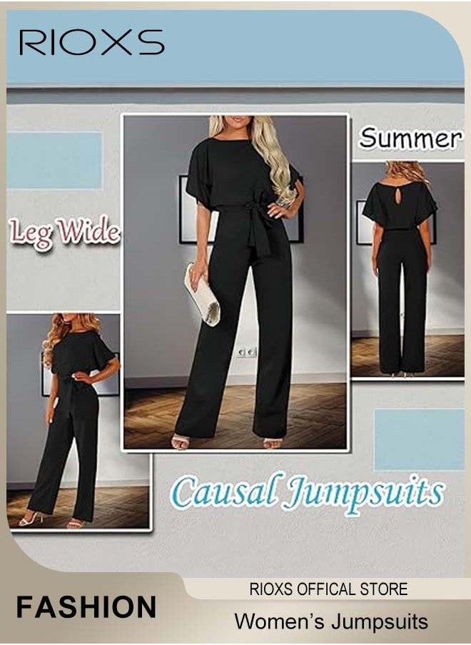 Womens Casual Jumpsuit Outfit, 3/4 Long Sleeve Top And Loose Straight Leg Long Pants Outfits, Romper Set With Waist Belt, One Piece Jumpsuits For Party And Daily