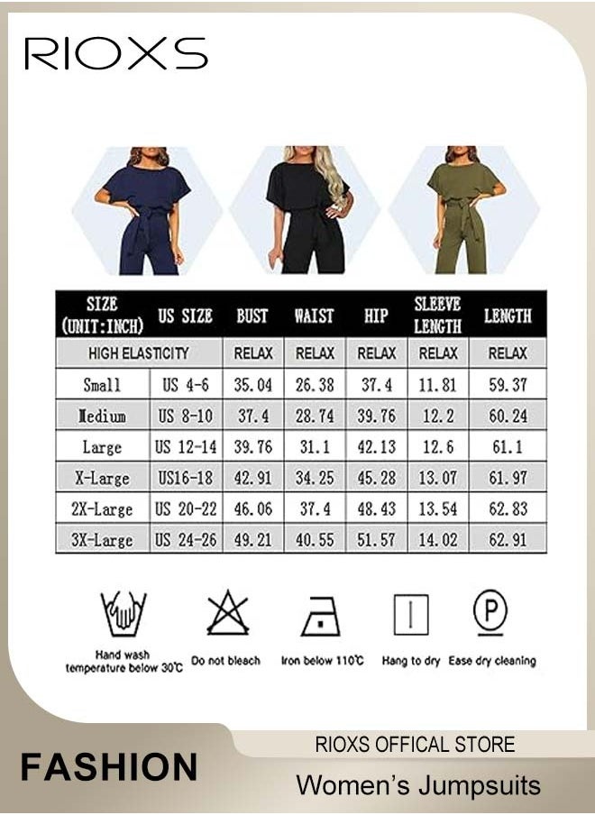 Womens Casual Jumpsuit Outfit, 3/4 Long Sleeve Top And Loose Straight Leg Long Pants Outfits, Romper Set With Waist Belt, One Piece Jumpsuits For Party And Daily