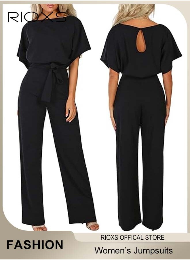 Womens Casual Jumpsuit Outfit, 3/4 Long Sleeve Top And Loose Straight Leg Long Pants Outfits, Romper Set With Waist Belt, One Piece Jumpsuits For Party And Daily