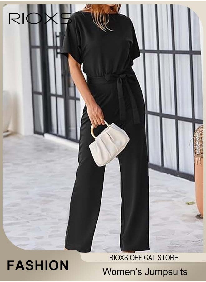 Womens Casual Jumpsuit Outfit, 3/4 Long Sleeve Top And Loose Straight Leg Long Pants Outfits, Romper Set With Waist Belt, One Piece Jumpsuits For Party And Daily