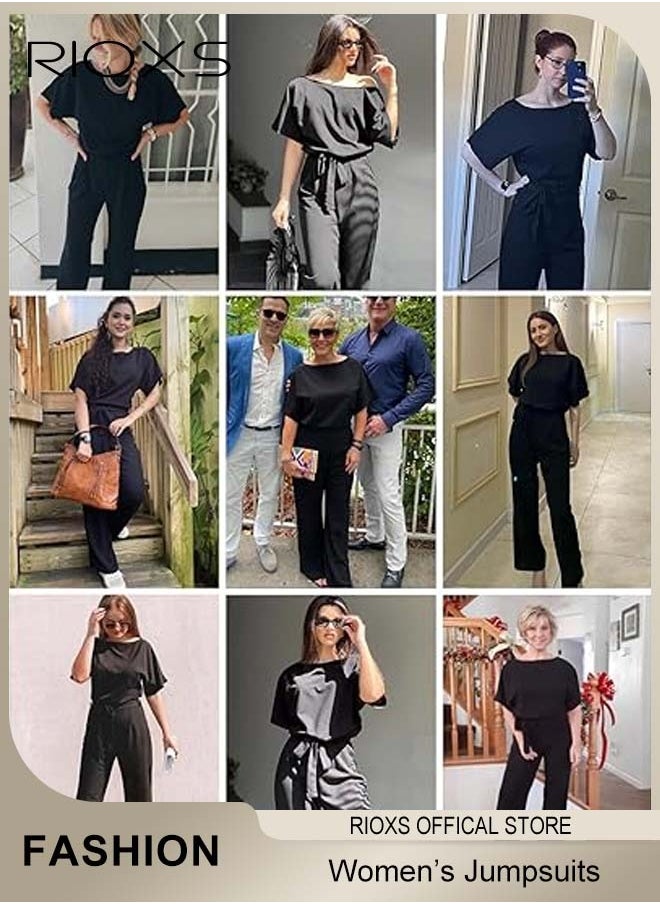 Womens Casual Jumpsuit Outfit, 3/4 Long Sleeve Top And Loose Straight Leg Long Pants Outfits, Romper Set With Waist Belt, One Piece Jumpsuits For Party And Daily