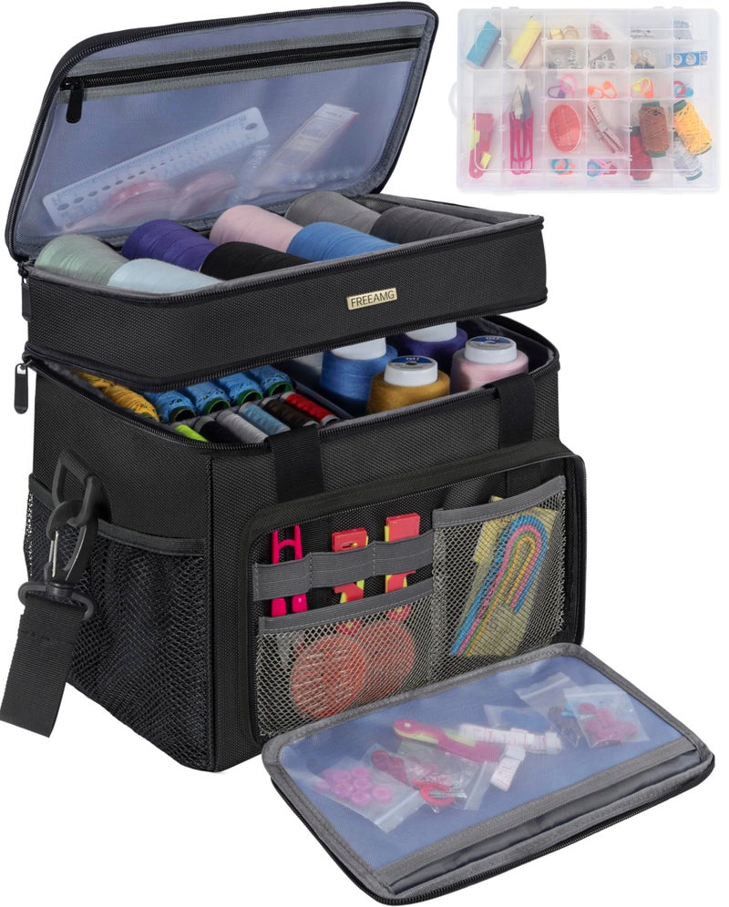 FREEAMG Large Sewing Basket with Removable Tray Sewing Aaccessories Organizer Water-resistant Double-Layer Sewing Organizer Bag Black (Bag Only) - Image 1
