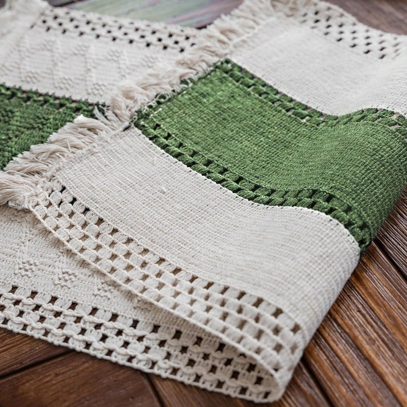 Alynsehom Macrame Table Runner Cream Beige and Green Boho Table Runners with Tassels Hand Woven Cotton Table Runner Rustic Farmhouse Table Runners for Bohemian Kitchen Dining Table(12x36in) - Image 4