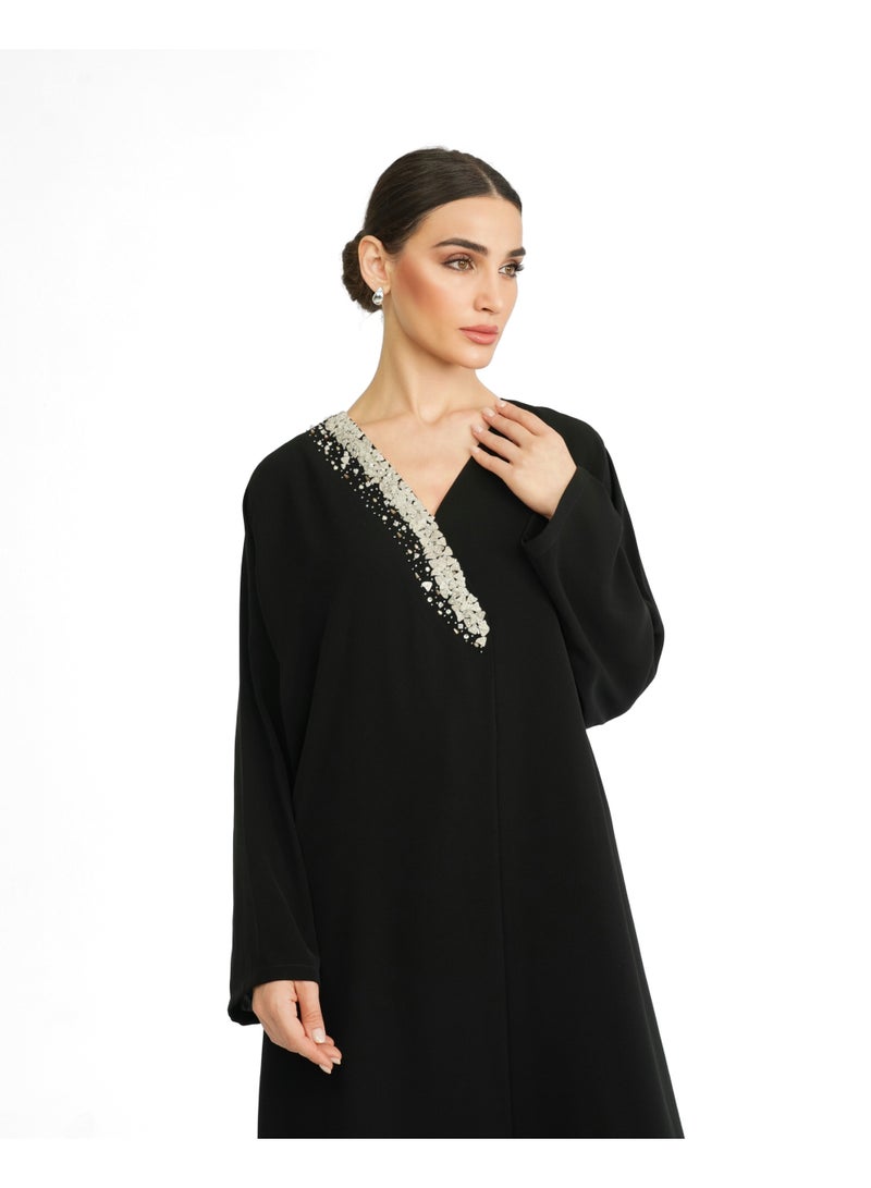 Khan&Co. One Side Daimond Abaya in black crepe fabric embroidered with silver glitter - by Abdullah Khan - Image 3