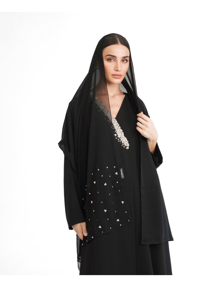Khan&Co. One Side Daimond Abaya in black crepe fabric embroidered with silver glitter - by Abdullah Khan - Image 4
