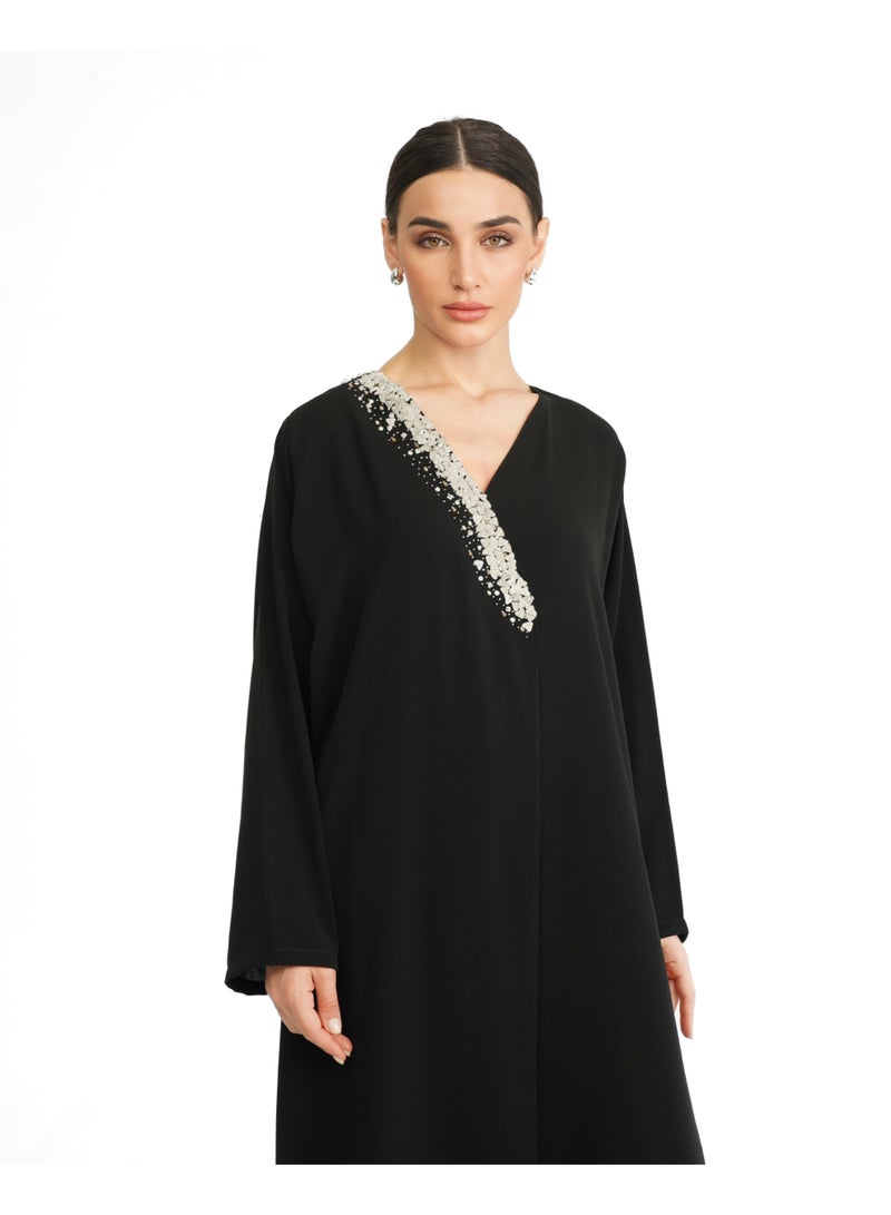 Khan&Co. One Side Daimond Abaya in black crepe fabric embroidered with silver glitter - by Abdullah Khan - Image 1