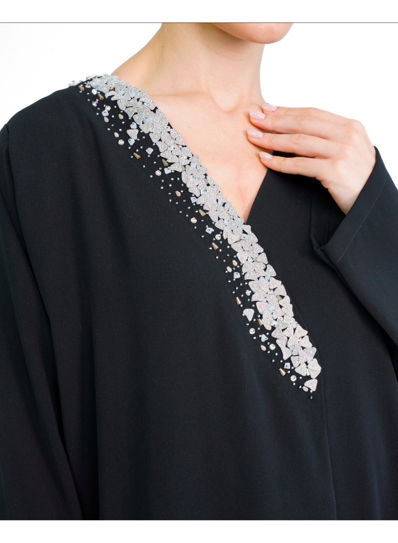 Khan&Co. One Side Daimond Abaya in black crepe fabric embroidered with silver glitter - by Abdullah Khan - Image 2