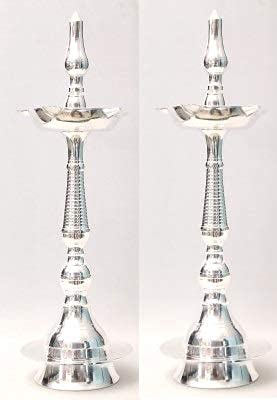 SHIV HOME WORLD SHIV HOME WORLD Brass Silver Coated Kerala Fancy Vilaku Oil Lamp Table Shiny Diya Set of2 Size6 