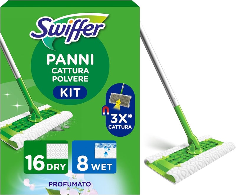 Complete Broom Kit, 1 Broom, 16 Dry Wipes and 8 Wet Wipes, Catches and Retains 3 Times More Dust, Dirt and Hair Than a Classic Broom