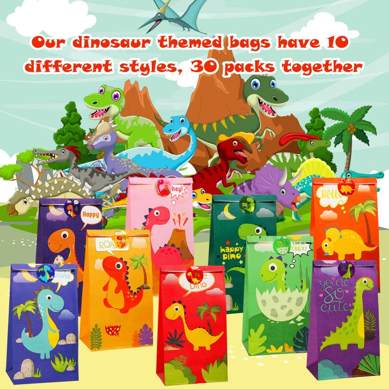 Containlol 30 Pack Dinosaur Party Gift Bags Little Dinosaur Goodie Candy Bag with Matching Stickers Party Favor Supplies for Dinosaurs Themed Birthday Baby Shower(Classical) - Image 5