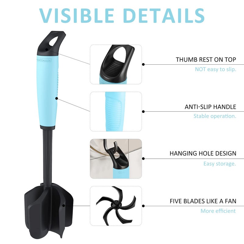 Ourokhome Meat Chopper and Potato Masher, Heat Resistant Nylon Ground Beef Smasher for Hamburger, 5 Curved Blades Nonstick Safe Mixer & Stirrer Practical Kitchen Gadgets, Teal - Image 2