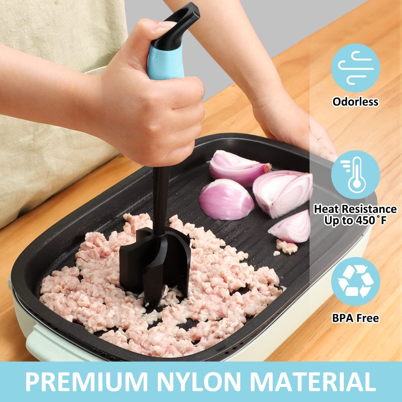 Ourokhome Meat Chopper and Potato Masher, Heat Resistant Nylon Ground Beef Smasher for Hamburger, 5 Curved Blades Nonstick Safe Mixer & Stirrer Practical Kitchen Gadgets, Teal - Image 5
