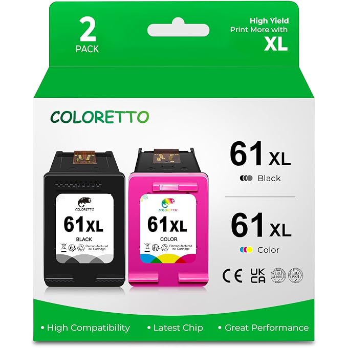 COLORETTO Remanufactured Printer Ink Cartridge Replacement for 61XL to use with Envy 4500 5530 5535 Deskjet 1510 1512 3050 3050A Officejet 2620 4630 (1 Black+1 Color) Combo Pack