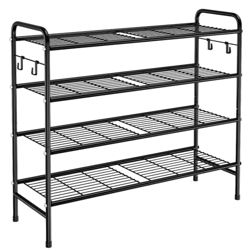 VILICK 4Tier Shoe Rack 33 Wide Metal Shoe Organizer Long Shoe Storage with 4 Side Hooks Sturdy Shoes Shelf for Closet Front Door Entrance Garage Dorm Black