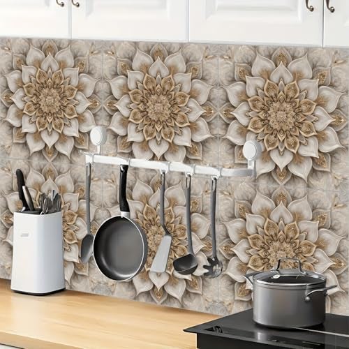 IOHEFY 10PCS 12x12 Inch Peel and Stick Floor Tiles Self Adhesive Vinyl Flooring Tile Cream Gold Mandala Removable Decals Bathroom Kitchen Laundry DIY Home Decoration - Image 4