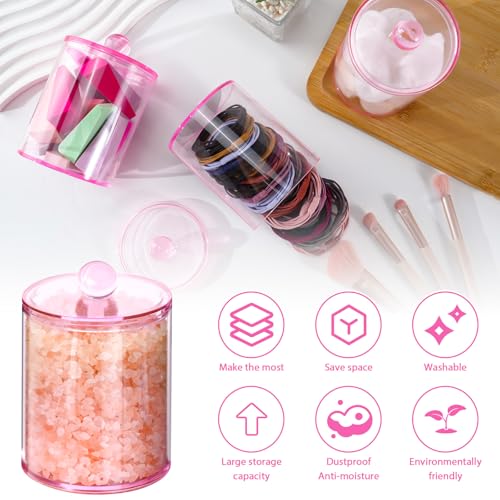 XIPENGKEJI 2 Pack Qtip Holder,Canister Apothecary Jar Set, Bathroom Jars with Lids Set for Cotton Swabs, Balls, Pads, Floss Picks,10oz-12oz Plastic Canisters Restroom Bedroom Vanity Organizer(Pink) - Image 3