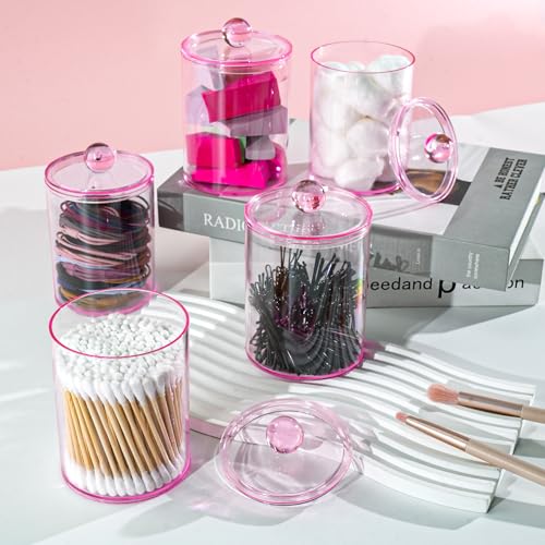 XIPENGKEJI 2 Pack Qtip Holder,Canister Apothecary Jar Set, Bathroom Jars with Lids Set for Cotton Swabs, Balls, Pads, Floss Picks,10oz-12oz Plastic Canisters Restroom Bedroom Vanity Organizer(Pink) - Image 5