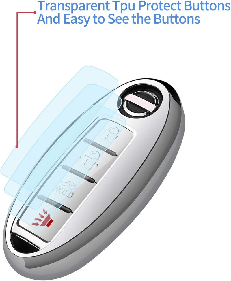 Autophone Compatible with Nissan Key Fob Cover with Leather Keychain Soft TPU 360 Degree Protection Key Shell Case for Altima Maxima Rogue Armada Pathfinder Smart Key 3 4 5-Button,Silver… - Image 4