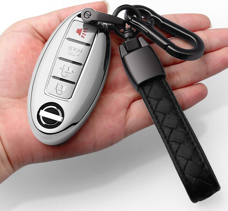 Autophone Compatible with Nissan Key Fob Cover with Leather Keychain Soft TPU 360 Degree Protection Key Shell Case for Altima Maxima Rogue Armada Pathfinder Smart Key 3 4 5-Button,Silver… - Image 1