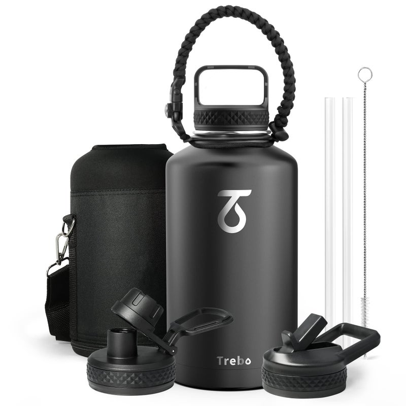 Trebo Half Gallon Water Bottle with Paracord Handle 64oz Wide Mouth Insulated Double Wall Stainless Steel Large Sports Flask Keep Hot 24 Hours & Cold 48 Hours Water Jug with 3 Lids  Black