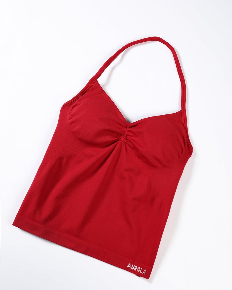 AUROLA Influence Longline Strappy Workout Halter Tops for Women,Removable Cups Padded Bras Impact Gym Yoga Sleeveless Tank Top,Chili Red,L - Image 3