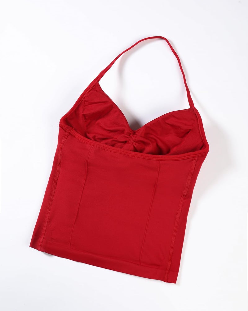 AUROLA Influence Longline Strappy Workout Halter Tops for Women,Removable Cups Padded Bras Impact Gym Yoga Sleeveless Tank Top,Chili Red,L - Image 4