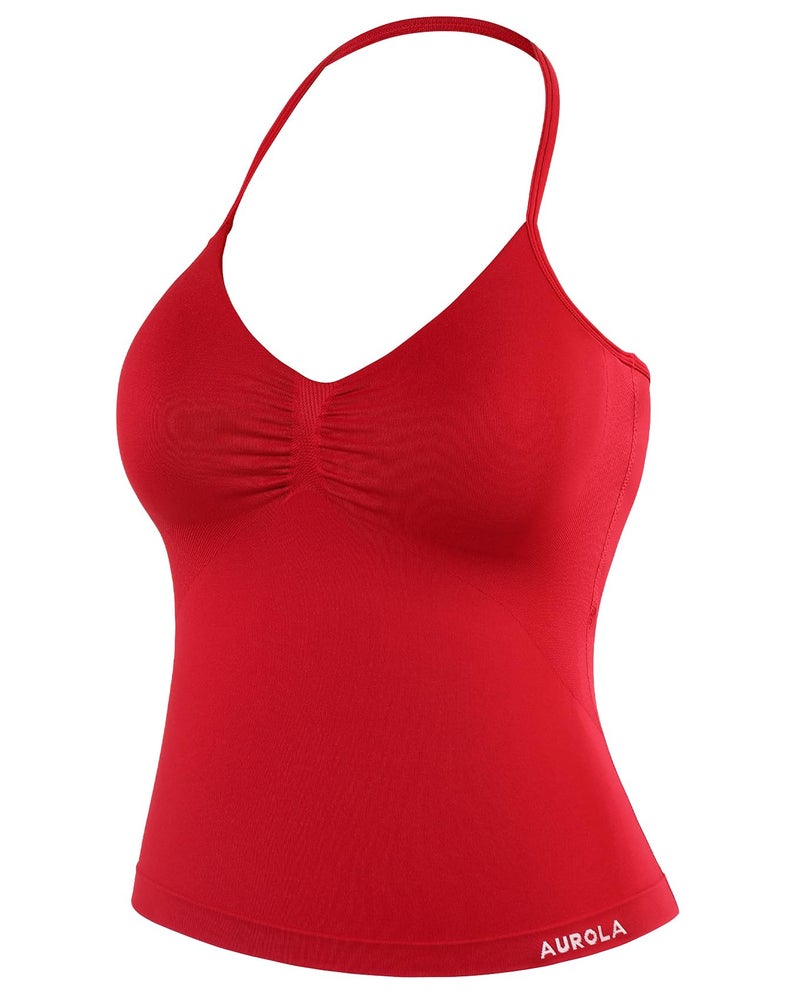 AUROLA Influence Longline Strappy Workout Halter Tops for Women,Removable Cups Padded Bras Impact Gym Yoga Sleeveless Tank Top,Chili Red,L - Image 1