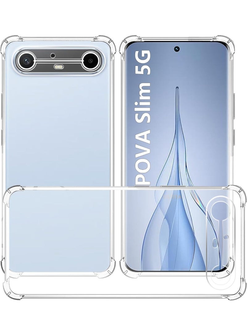 جراب متوافق مع Tecno Spark Slim/Pova Slim، غطاء شفاف من السيليكون (TPU) مقاوم للصدمات، مزود بحماية للكاميرا وزوايا معززة ضد الصدمات - شفاف. - Image 1