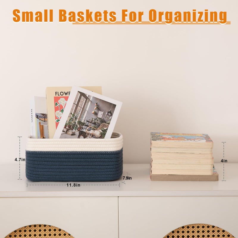 OIAHOMY 4 Pack Storage Baskets for Organizing, Small Bins for Shelves, Cute Decorative Storage Bins, Organizer Baskets for Gifts Empty, 11.8''Lx7.8''Wx4.7''H, Blue/White - Image 2