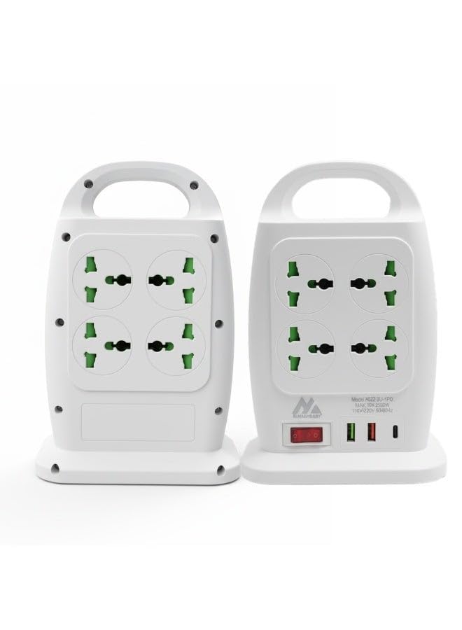 A022-2U-1PD Double Sided Power Strip Extension 2500W with 8 Universal Outlets and 2 USB Ports, 1 Type-C Support PD Fast Charging, Surge Protector with Switch Control, 850°C Anti-Flaming, Safe and P