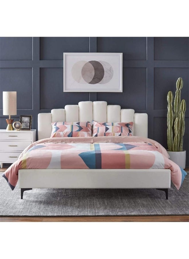 Homzmart White Wood and Velvet Queen Bed 200x150x140 cm - White  - Image 1