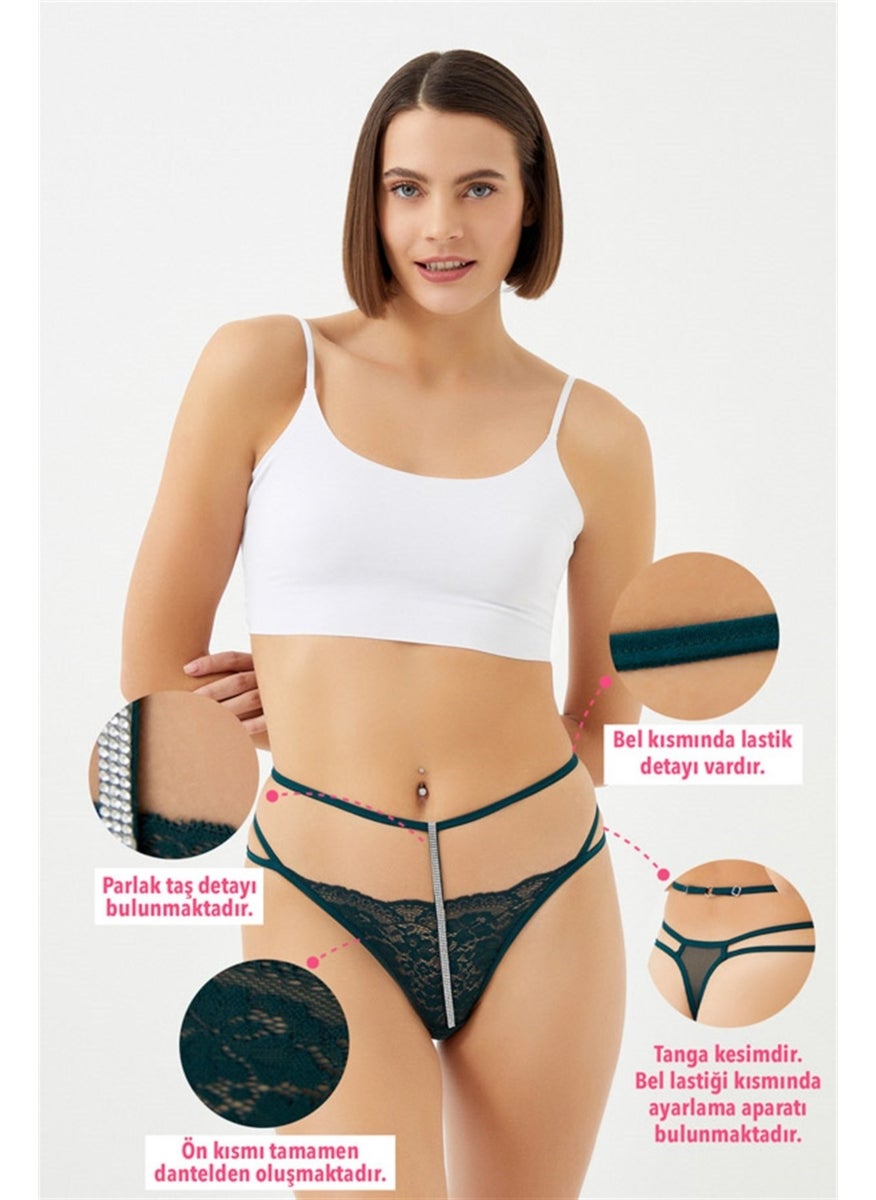 COTTONHILL Petrol Green Lace Stone Detailed Adjustable Elastic Women's Thong Panties  - Image 2