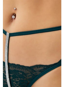 COTTONHILL Petrol Green Lace Stone Detailed Adjustable Elastic Women's Thong Panties  - Image 4
