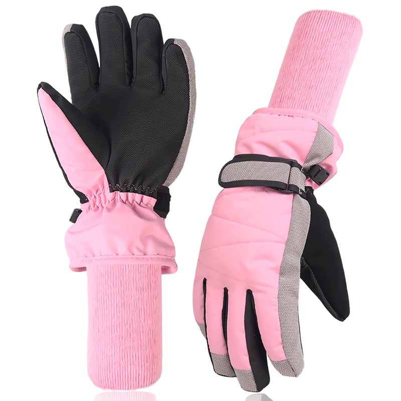 XTACER Kids Ski Snow Gloves Snowboard Winter Warm Cold Weather Gloves for Boys Girls Children (Long Cuff -Pink, 8-10 Years) - Image 1
