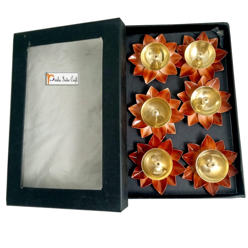 Prisha India Craft Prisha India Craft Diya for Puja Home Decoration Item Gift Lotus Brass Diyas Oil Lamp Pooja Gift Idea Set of 6