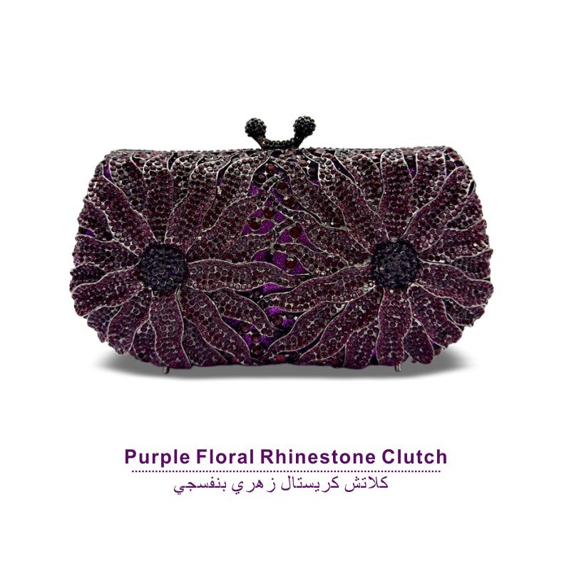 Floral Crystal Rhinestone Evening Clutch Bag, Bow Metal Frame Formal Party Handbag Women Wedding Dinner Purse