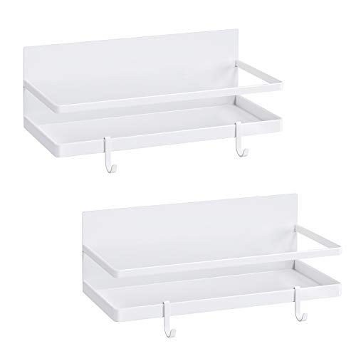 Thipoten Magnetic Spice Rack, Strong Magnetic Shelf with 2 Removable Hooks, Perfect Space Saver for Small Kitchen/Apartment, Awesome Metal Cabinet for Holding Spices, Jars, Salt (White, 2Pack) - Image 1